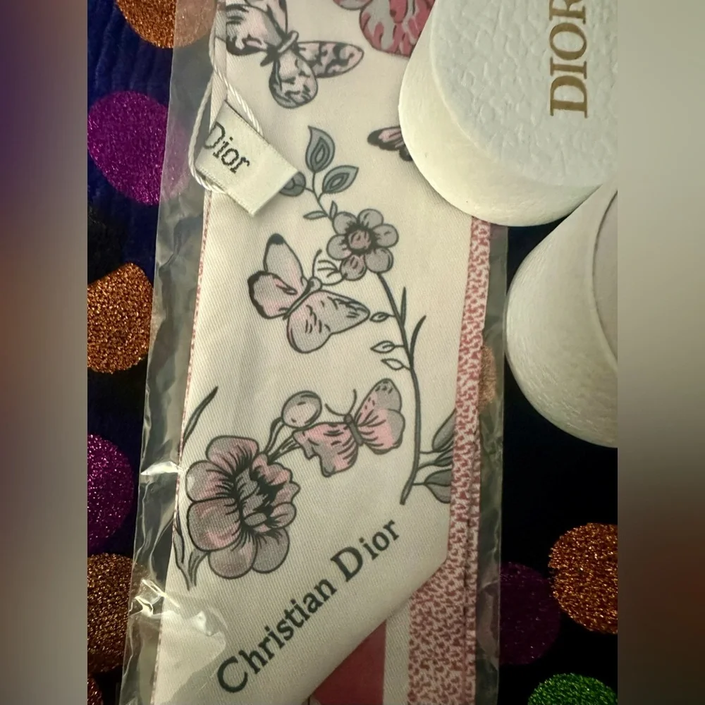 Christian Dior Pink Floral Butterfly Twilly Scarf Mitzah Silk